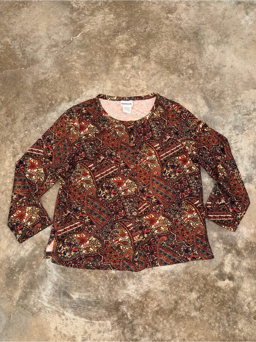 BonWorth Paisley Button Front Top XS Petite Boho Fall 3/4 Sleeve